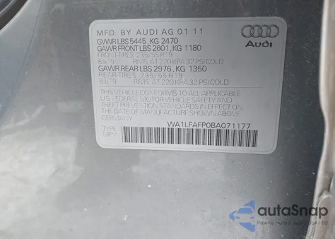 2011 Audi Q5 2.0T Premium из США, поврежденный, VIN WA1LFAFP0BA071177